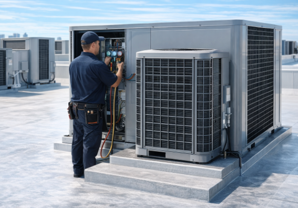 HVAC technician on a rooftop checking a commercial unit